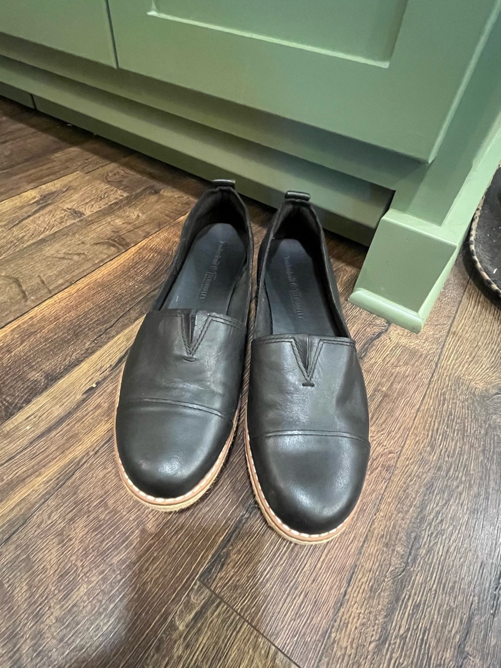 Timberland Black Leather Platform Slip-On with Sensorflex Tan Sole